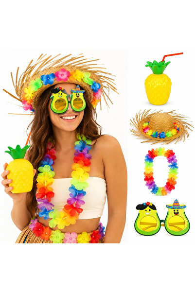 Generic Brand 4 Piece Hawaiian Party Set Pineapple Cups Straw Hat Avocado Gla...