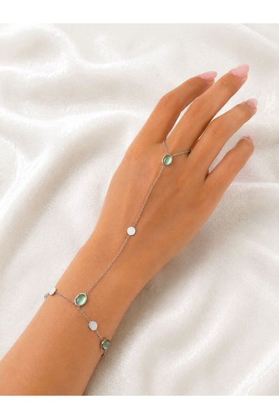 yes ticaret Green Stone Detailed Silver Color Steel Şahmeran Hand Chain Women's Bracelet