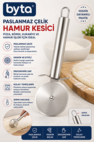 BYTA Paslanmaz Çelik Hamur Kesici Pizza Börek Lahmacun Hamur Dilimleme Ruleti