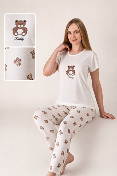 CottonVia Women's Pajama Set, 100% Cotton, Short Sleeve, Crew Neck, Teddy Bea...