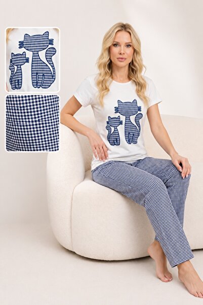 CottonVia Women's Pajama Set, 100% Cotton, Short Sleeve, Crew Neck, Cats Prin...