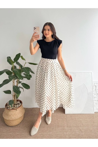 Jöns Butik Women's Black Top Polka Dot Skirt Embellished Dress – Midi Chiffon...
