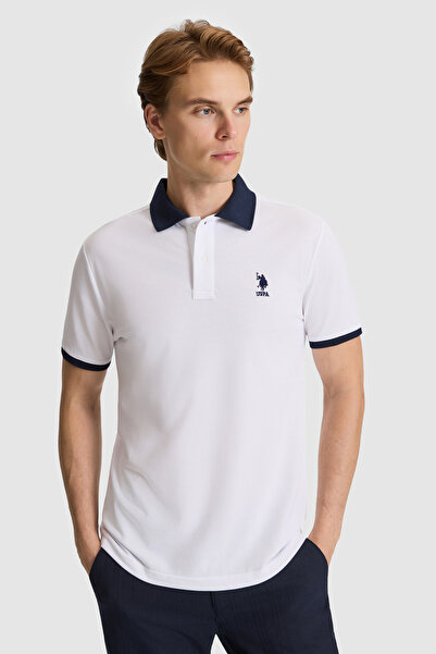 U.S. Polo Assn. تي شيرت رجالي أبيض ذو قصة عادية وياقة بولو 50326978-VR013