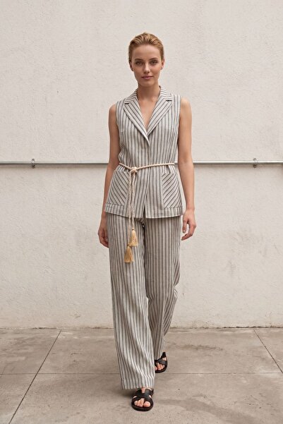 Hiccup My Fashion Striped Shawl Collar Vest and Wide Leg Pants Set