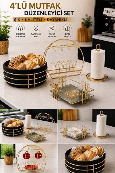 Kitchen Smile 4 Lü Mutfak Düzenleyici Set Fincan Askısı Peçetelik Ekmekik Havlu Kağıtlık