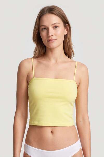 OBJE Women's Lemon Yellow Lycra Cotton Strapless Tank Top with String Straps