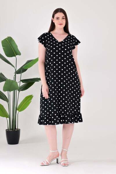 Madwilo Women's Black and White Polka Dot Pattern Ruffled Sleeves and Hem Plu...