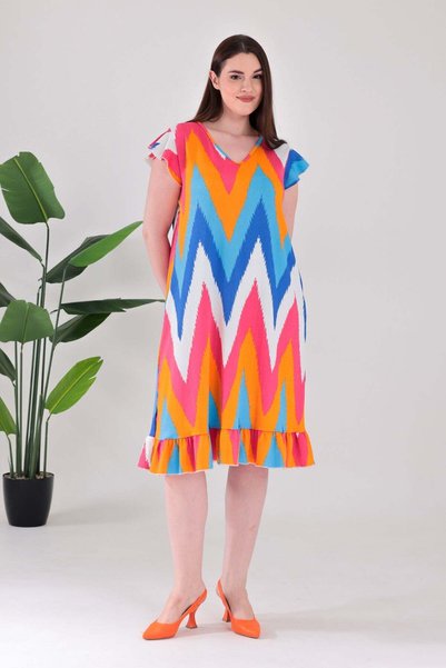 Madwilo Women's Multi-Colored Zigzag Pattern Ruffled Sleeves and Hem Plus Size Wrinkle Dress