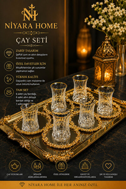 Niyara home Tea Set Elegant Design Transparent Glass and Gold Details