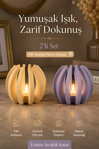 Minipax Sarı Mor Dekoratif Tealight Mumluk 2’li Set - Pilli Tealight Mum Hediyeli