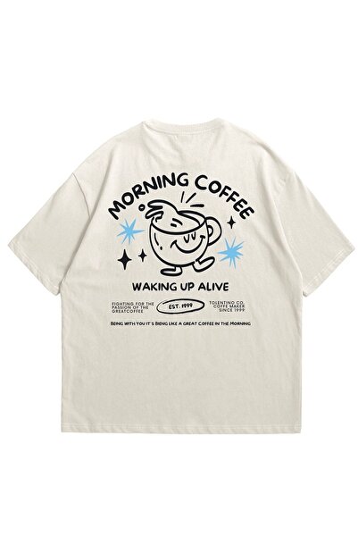 Vordevia Morning Coffee Printed White Oversize Unisex T-Shirt Basic Comfortab...