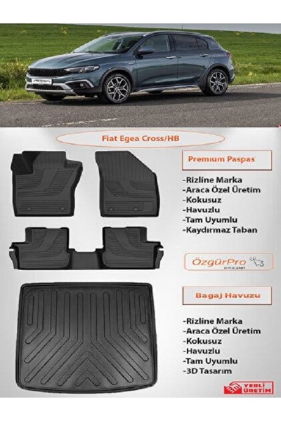 Rizline Fiat Egea Cross 2020 Sonrası Uyumlu 3d paspas ve bagaj havuzu seti TA...