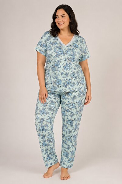 CottonVia Mother's Pajama Set, V-Neck, Light Blue Lace, Printed, Short Sleeve...