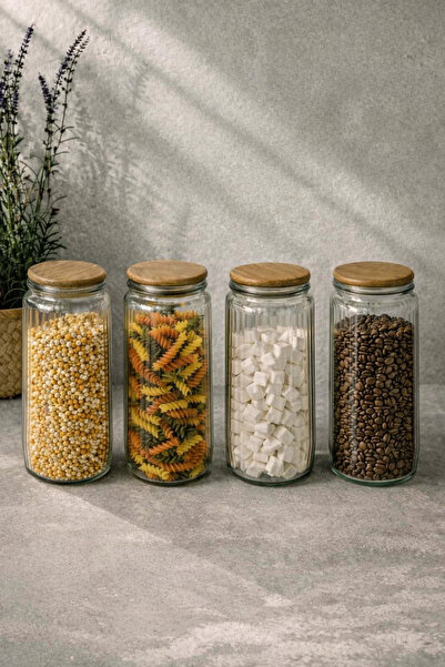 Mutfak Köşesi Set of 4 Glass Jars with Wooden Lids - Vacuum Sealed Food Stora...