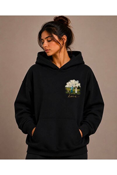 caddekombin Love Printed Hooded Green Sweatshirt with Kangaroo Pocket and Woo...