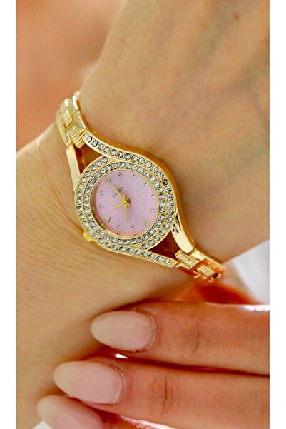 Rachel Silver Zircon Stone Gold Color Pink Dial Women's Watch