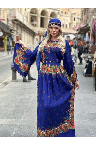Yöresel Etnik Elbise Mardin %100 Doğal Pamuklu Renk-SaksMavi Özel Üretim!!