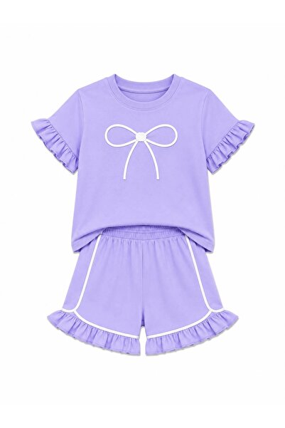 YİGİT BUTİK Girl's Ribbon Detailed Shorts Set with Ruffles and Short Sleeves,...