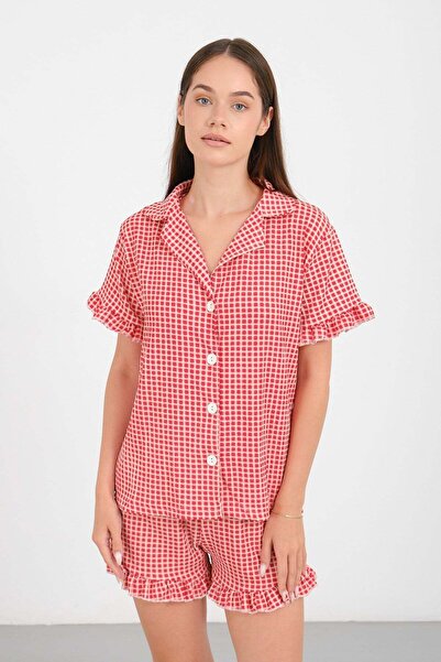 C&City Plaid Buttoned Shorts Suit with Wrinkled Texture