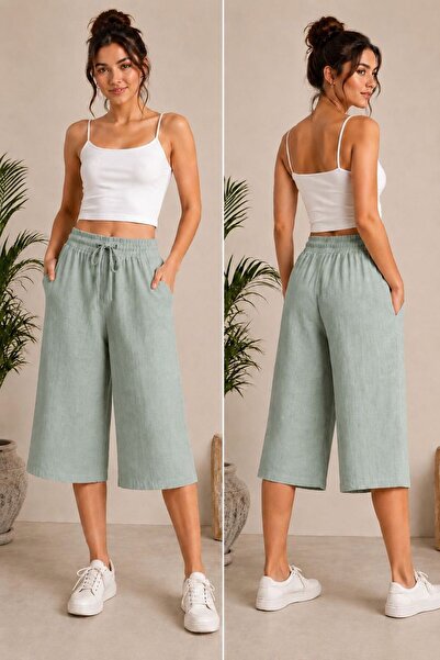 Niora Moda Beli Lastikli Bağcıklı Mint Yeşil Keten Kapri