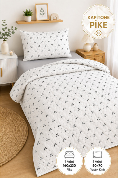 Forev Tek Kişilik Kapitoneli Çift Taraflı Pamuklu Pike Seti 160x230 - 50x70