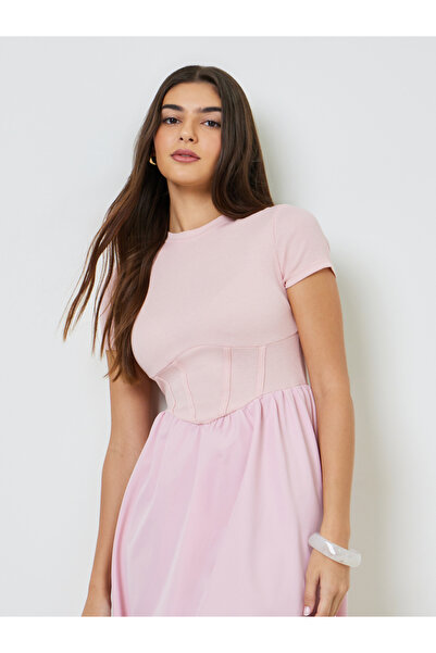 Take Two By Styli Pink Corset Waist A-Line Midi Dress