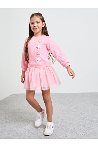 Styli Girls Jacquard Flower Patch Tulle Dress