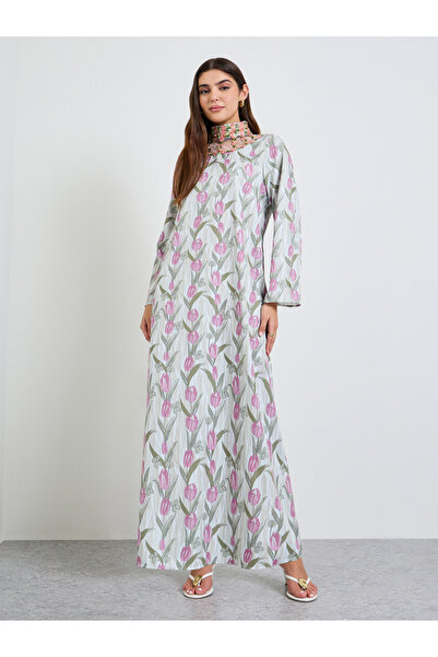 Take Two By Styli Tulip Print Embroidered Neckline Maxi Dress