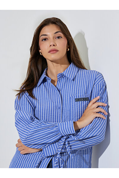 Styli Blue Longline Striped Shirt with Tie-Cuff