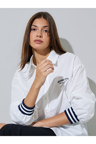 Styli Off White Longline Shirt with Ribbed Cuff