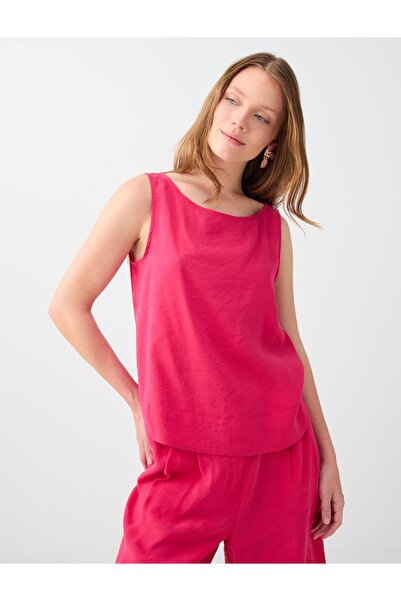 Jimmy Key Fuchsia Straight Cut Boat Neck Woven Blouse