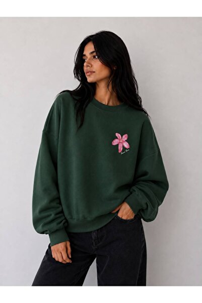 caddekombin Women's Pink Floral Printed Crew Neck Sweatshirt