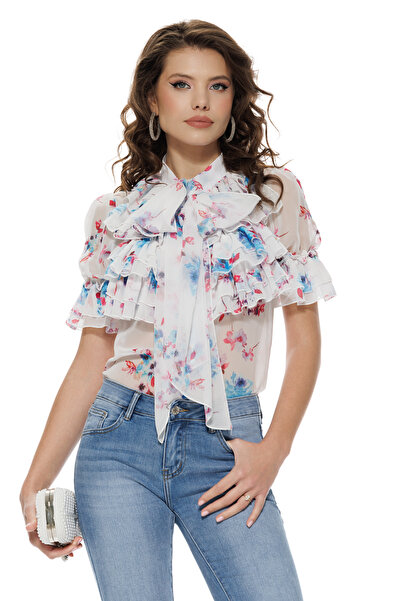 Fofy Bluza dama diafana premium din voal imprimeu floral rosu cu albastru si ...