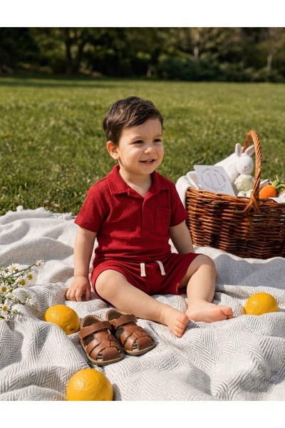 OMY Cotton Waffle Fabric Collar Pocket Detail Summer 2-Piece Shorts Set for A...