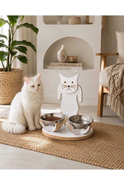 Asrimo mobilya Kedi Figürlü Ahşap Mama ve Su Kabı Standı – Dekoratif & Açık Kollu Beyaz