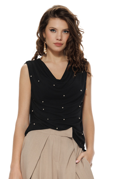 Fofy Bluza dama eleganta neagra din vascoza premium elastica cu perle argintii