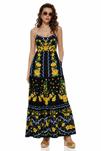 Fofy Rochie de vara neagra lunga cu bumbac imprimeu mediteranean Amalfi cupe ...