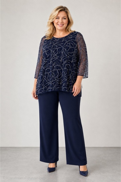 bihan store بلوزة سهرة نسائية مطرزة ولامعة - Y26-4022 - أزرق داكن