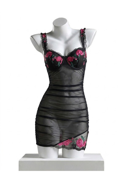 Sthxyfaith Womens Sexy Ruched Bodycon Mesh Lace Floral EmbroideBlack Sheer Un...
