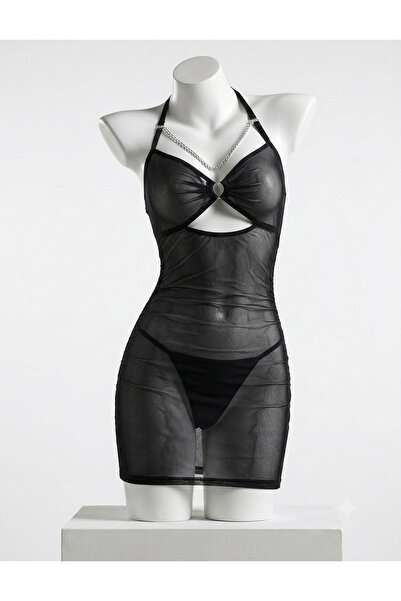Sthxyfaith Lilosy Sexy Chain Ruched Bodycon Mesh Sheer Halter Outfits Mini Ba...