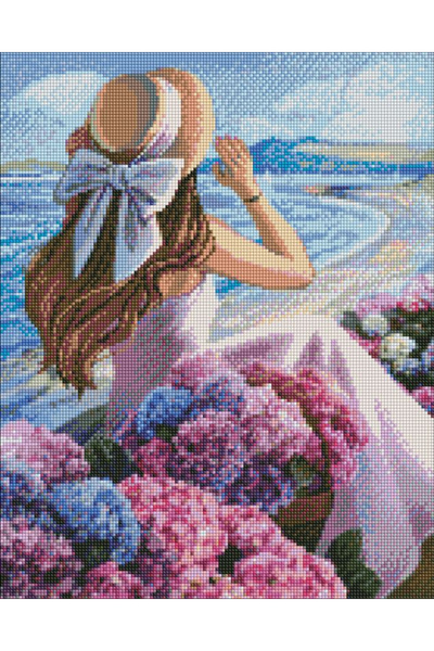 ideyka Set goblen cu diamante, cu sasiu, Coasta de mare cu flori, 40x50 cm