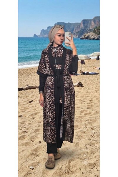 Moodbasic SWİMWEAR LEOPARLI PAREOLU ÜÇLÜ TESETTÜR MAYO