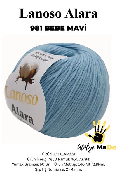 Lanoso Alara -981 Bebe Mavisi- %50Pamuk %50Akrilik 50gr 140mt Tek Yumak - Ami...
