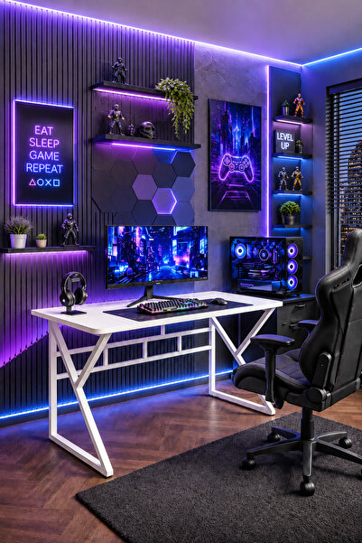 Hagen Oyuncu Masası 140x60 cm Beyaz Metal Ayak Ahşap Tabla Gaming Bilgisayar ...