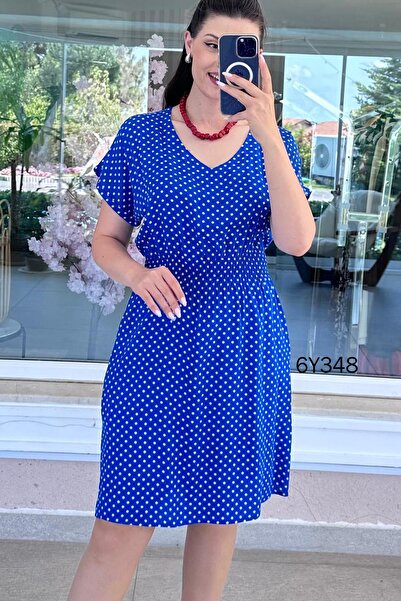 İnce Topuk Beli Gipeli Polka Dot Viscose Dress 6Y348