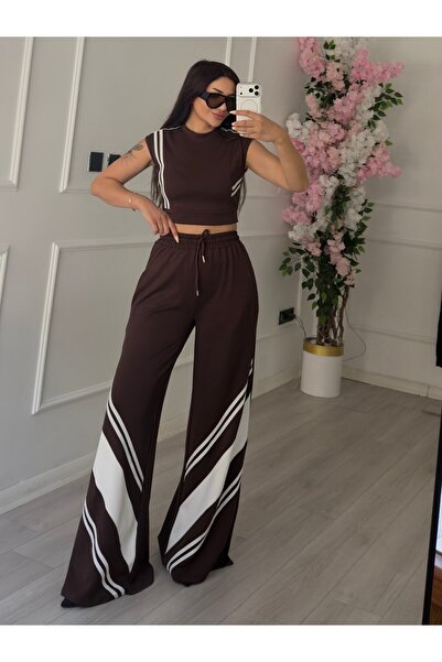 Daves Brown Stripe Patterned Crop Blouse Set