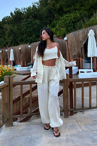 salome butik ÜÇLÜ ÇİZGİLİ CEKET ŞİFON İÇ ASTARLI PANTOLONLU TAKIM
