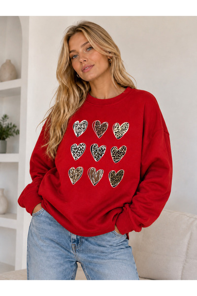 caddekombin Women's Aesthetic Multicolor Heart Printed Crew Neck Sweatshirt