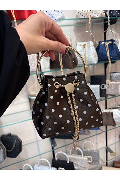 Çanta Trend Polka Dot Patterned Satin Fabric Chain Strap and Hand Strap Bag
