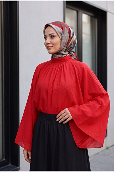Modamorfo Hakim Yaka Spanish Sleeve Lined Voile Blouse -Red